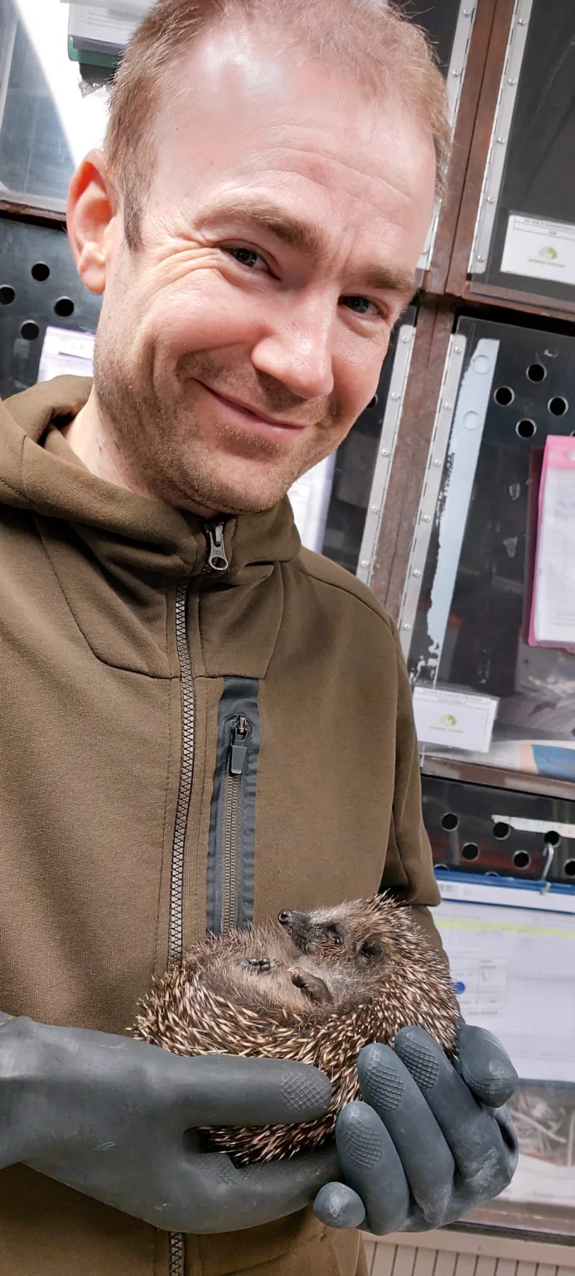 Wouter met een egel in de opvang